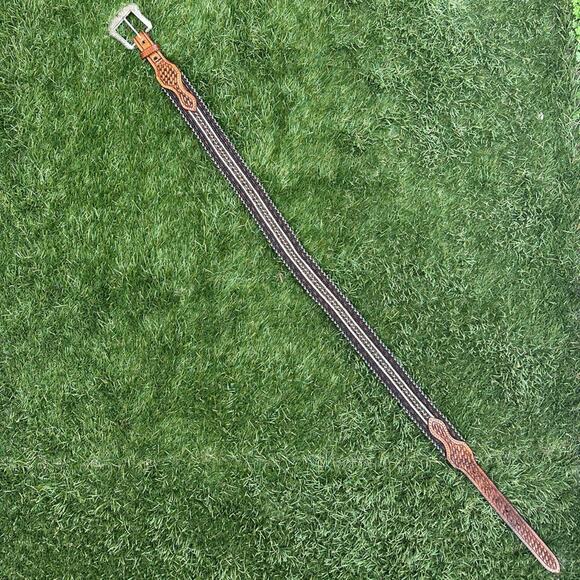 Vintage Leather Nylon Braided Chrome Buckle Cowboy Country Western Belt Sz 36 - Picture 2 of 6